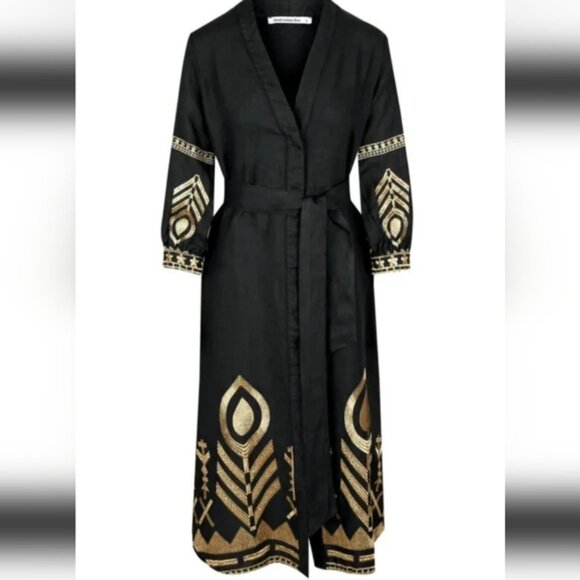 Greek Arcaic Kori Seafoam Color Linen Dress Gold Embroidery szXS missing  sash - Picture 12 of 12